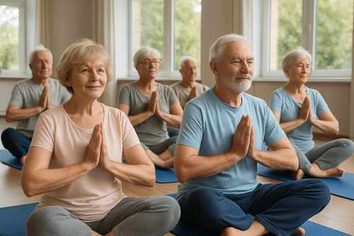 Senioren und Seniorinnen beim Yoga, Meditationshaltung, sehr heller freundlicher Yogaraum